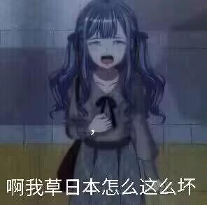 图中是一位深色长发的动漫女孩，她眉头紧皱、大张着嘴，双手揪着自己的衣服，呈现出崩溃、愤怒的情绪。图片下方配有文字“啊我草日本怎么这么坏”，用夸张的情绪表达对日本的不满，属于用来发泄情绪的梗图，没有双关或谐音梗。