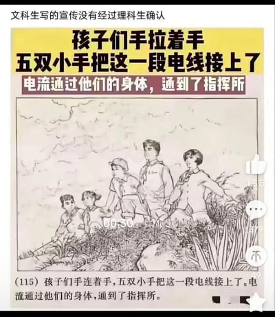 这是一张来自抖音平台的社交媒体截图，内容是一页老红色题材连环画，上方被网友添加了吐槽文字“文科生写的宣传没有经过理科生确认”。连环画的文字描述为“孩子们手连着手，五双小手把这一段电线接上了。电流通过他们的身体，通到了指挥所”，从电学常识来看，人体电阻极大，无法代替电线传导电流至指挥所，且这样的行为会导致人体触电，这段剧情完全违背物理原理，被用来调侃文艺创作中忽略理科常识的不合理设定。