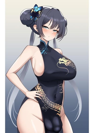 这是一张AI生成的《蔚蓝档案》角色妃咲的同人插画，角色身着带有金色龙纹装饰的黑色高开叉旗袍，旗袍采用大胆的露侧乳设计，凸显性感身材；妃咲保留了原作的双马尾盘发造型，搭配蓝色蝴蝶发饰，单手叉腰站立，脸颊泛红，眼神带着羞涩感，背景为简洁的灰蓝色渐变，整体画面风格偏向成熟性感的ACG同人画风。