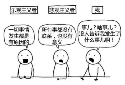 这是一张黑白线稿风格的剧场式静态梗图，通过三个带对白气泡的简笔画人物，分别对应乐观主义者、悲观主义者和“我”，展现三种不同的处事心态：乐观主义者秉持“一切事情发生都是有原因的”的笃定态度；悲观主义者带着消极心态认为“所有事都没有联系，也没有意义”；而“我”则是完全不知情的状态，一脸茫然地表示没人告诉自己发生了什么事。用幽默的方式调侃了自己对周遭事情后知后觉、置身事外的状态，图中没有双关、谐音梗或暗示内容。