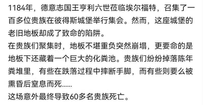 这是一段关于中世纪欧洲离奇历史事件的纯文字科普内容，详细讲述了1184年德意志国王亨利六世在埃尔福特彼得斯城堡召集百位贵族集会时，因城堡老旧地板不堪重负崩塌，而地板下方是巨大的化粪池，导致贵族们跌落其中，部分摔断肢体，部分被熏昏后窒息，最终这场意外造成60多名贵族死亡的惨烈经过，文字以直白的叙述还原了这场罕见的历史惨剧。