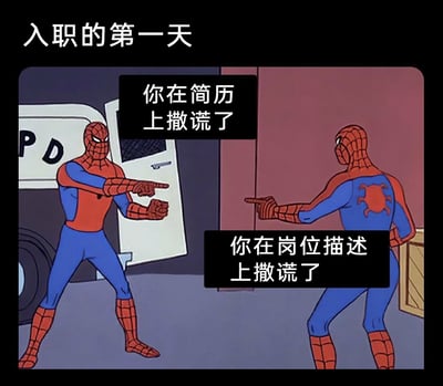 这是一张讽刺职场招聘乱象的搞笑梗图，画面顶部标注文字“入职的第一天”，主体内容改编自经典动画的对峙场景：两名蜘蛛侠面对面伸出手指指向对方，摆出剑拔弩张的对峙姿态。左侧代表公司方的蜘蛛侠配文“你在简历上撒谎了”，指责新员工简历存在不实信息；右侧代表新员工的蜘蛛侠配文“你在岗位描述上撒谎了”，指责公司发布的岗位描述与实际工作内容不符。该图以幽默夸张的方式，精准展现了职场中“简历注水”与“岗位描述失真”的普遍矛盾，戳中职场人的共鸣点。