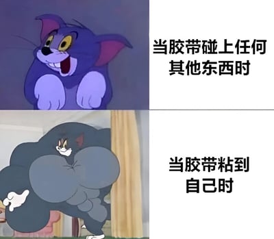 该梗图为上下两格的对比拼图，均使用《猫和老鼠》中汤姆猫的动画截图。上半部分左侧是汤姆猫呈现出兴奋得意的表情，双眼睁大，嘴巴张开大笑，双手抱在胸前，右侧配有文字“当胶带碰上任何其他东西时”；下半部分左侧是汤姆猫被大量胶带缠绕成臃肿形状，只露出小脑袋和一只爪子，表情显得惊恐又狼狈，右侧文字为“当胶带粘到自己时”。通过汤姆猫前后两种反差巨大的状态，幽默地表现了胶带在粘其他物品时似乎很有效，但粘到自己身上时却会造成麻烦的搞笑场景。