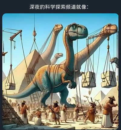 图片上方配有文字“深夜的科学探索频道就像：”，下方是一幅荒诞的场景：多只蜥脚类恐龙被绳索束缚，脖子和身体被用作吊具，吊起巨大的石块。背景中有古埃及风格的金字塔正在建造，周围有许多穿着传统服饰的工人忙碌着，天空湛蓝。画面通过将史前恐龙与古埃及金字塔建造这两个毫无关联的元素强行结合，幽默地吐槽了深夜科学探索频道有时为吸引眼球而编造离谱剧情的现象。