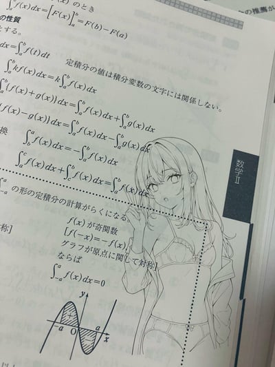 这是一张日本高中《数学II》教材的页面，页面上印刷着定积分的核心知识点：包括牛顿-莱布尼茨公式、定积分的线性运算性质、区间交换与可加性，以及奇函数在对称区间的定积分为0的结论，还配有对应的函数图像示例。一位手绘的二次元风格线稿少女被画在页面右侧，她穿着内衣与敞开的外套，做出用手指点向课本上虚线的动作，给原本严肃的数学教材增添了充满趣味的涂鸦内容，没有双关或谐音梗元素。