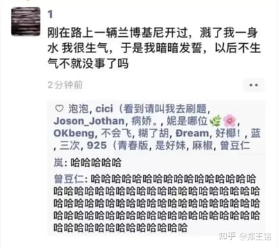 本图片展示了一位网友发帖吐槽自己在路上被一辆兰博基尼溅了一身水，内心很生气，遂暗暗发誓以后不生气。下方的评论区则是网友们哄堂大笑，并调侃式地用“哈哈哈哈”刷屏，形成了幽默、无奈又自嘲的氛围。所有评论用欢乐的嘲笑加剧了这一尴尬又搞笑的生活场景。

*双关/暗示*:发誓“不生气”实际上是自我安慰，但现实中难以做到，用户和评论区用玩笑来承认这一种“自欺欺人”的无奈，评论区集中刷“哈哈哈”也是对楼主窘况的善意调侃。