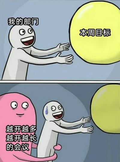 这是一张上下分栏的连环卡通梗图，精准戳中职场人群的痛点：上半部分中，标注为“我的部门”的白色卡通人物双眼发亮、张开双手，满脸兴奋地朝着代表“本周目标”的黄色大球前进，展现出部门初期想要完成任务的斗志；下半部分里，原本斗志昂扬的白色卡通人物头上冒出冷汗，依旧努力伸手想要靠近目标，却被标注为“越开越多越开越长的会议”的粉色卡通人物从身后紧紧抱住，无法向前。整幅图通过夸张的卡通形象对比，生动吐槽了职场中过多、过长的无效会议占用大量工作时间，导致部门难以推进、完成既定工作目标的无奈现状，极易引发职场人的共鸣。