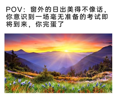 这是一张图文混排的静态梗图，上方配有黑色文字“POV：窗外的日出美得不像话，你意识到一场毫无准备的考试即将到来，你完蛋了”，下方是一幅壮丽的山间日出风景图：朝阳从层叠的远山后升起，金色的阳光放射出清晰的光束，给笼罩在薄雾里的山谷和两侧的山林镀上暖色调的光影，前景是生长着蓝紫色小花与各色杂草的草地，植被在阳光照射下色彩丰富鲜活，整体风景治愈又绚烂。图中通过POV视角，将极致美好的自然场景和“即将面对毫无准备的考试”的焦虑恐慌情绪形成强烈反差，精准戳中经历过考试焦虑的人群的情绪痛点，引发共鸣。