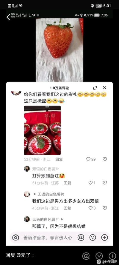 这是一张抖音评论区的截图，原视频是调侃「河南的草莓」的内容，评论区里一位浙江网友晒出当地的彩礼标配（多盘摆放整齐的现金），配文「给你们看看我们这边的彩礼😜😜😜😜😜 这只是标配😜😜😂」。随后江苏网友评论「打算嫁到浙江🥰」，浙江网友回复「我们这边是男方出多少女方出双倍」，江苏网友立刻改口「那算了，因为不是很想结婚」。这段对话用彩礼习俗的反差制造出反转笑点，十分有趣。