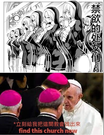 这是一张上下拼接的搞笑网络梗图，上半部分为黑白二次元风格插画，呈现出一排穿着暴露、违背传统修女服饰规范的女性角色，她们做出祈祷姿势，配文“禁欲的处女们...”，用“禁欲”的文字与暴露的服饰形成强烈反差，制造戏谑感；下半部分是现实宗教场景照片，展示教皇方济各与几位戴着紫红色主教帽的神职人员，配文“立刻给我把这间教会找出来 find this church now”，将二次元的荒诞设定与现实宗教人物结合，通过宗教神职人员对这类“禁欲教会”的急切向往，放大了反差幽默，调侃相关刻板印象，营造出滑稽的喜剧效果。