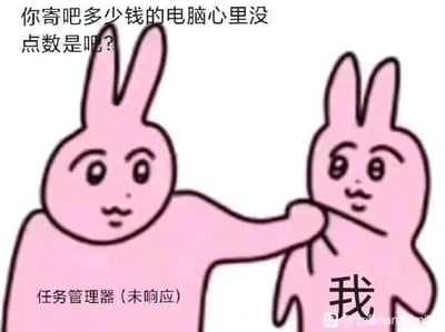 这是一张卡通风格的网络表情包，画面呈现两只粉色卡通兔子的互动场景：左侧标注为“任务管理器（未响应）”的兔子，伸出手揪住右侧标注为“我”的兔子的衣领，表情带着不满的质问神态；右侧的兔子则露出委屈无奈的神情。画面上方配文“你寄吧多少钱的电脑心里没点数是吧？”，其中“寄吧”是脏话的谐音，用来强化质问的语气。该表情包以拟人化的方式，调侃了当低配电脑负载过高时，连任务管理器都出现未响应的尴尬场景，精准戳中了使用配置较低的电脑时，频繁遭遇程序卡顿、未响应的用户的日常痛点，用滑稽的“互怼”形式表达用户的无奈与自嘲。