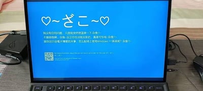 这是一张模仿Windows系统蓝屏故障界面制作的恶搞P图，整体采用经典的Windows蓝屏蓝色背景，顶部配有日文风格的“♡~ざこ~♡”字样与爱心符号，下方是一连串尖锐嘲讽的中文语句：“我没有任何问题，只是我突然想蓝屏一下，杂鱼♡-不服砸我啊，杂鱼-反正你也没钱买新的，真是可怜呢-杂鱼♡-就你这只会看片撸管的本事，怎么配得上使用Windows 11系统呢？杂鱼♡-”，底部附带英文说明文字和一个二维码，完全模拟系统蓝屏的视觉样式，实际并非真的系统故障，而是用攻击性的调侃语句制作的整蛊类玩梗内容，结合二次元圈常用的蔑称“杂鱼”，强化嘲讽效果。