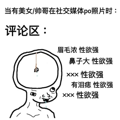 这是一张吐槽社交媒体评论区现象的梗图。图片上方文字为"当有美女/帅哥在社交媒体po照片时："，下方标注"评论区："，配有一个简笔画风格的人物头像，其头部被描绘成一个空壳，里面有一个小人被吊在绳子上。人物头像右侧列出了一系列评论区常见的不当言论："眉毛浓 性欲强"、"鼻子大 性欲强"、"xxx 性欲强"、"有泪痣 性欲强"、"xxx 性欲强"。整图通过夸张手法讽刺了部分网友在颜值较高的人发布照片后，在评论区发表低俗、不适当评论的现象。