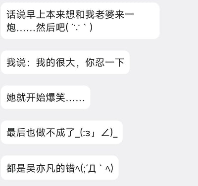 这是一张纯文字梗图，通过四行对话气泡讲述了一个搞笑故事：丈夫早上想和妻子亲热，说了一句“我的很大，你忍一下”，结果妻子因为这句话联想到吴亦凡的梗而爆笑不止，最终导致计划失败。图中使用了多个颜文字表情符号增强幽默效果，包括( ´:´ )、_(:::з」∠)_和∧( ‘д‘ ∧)。