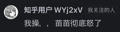 这是一张知乎平台的用户动态截图，界面显示用户「知乎用户WYj2xV」是截图者关注的人，该用户发布了一条简短动态：「我操，，苗苗彻底怒了」，文字带有重复的逗号，传递出惊讶、激动的情绪，用户头像为一个卡通风格的女性形象，整体界面是知乎的深色模式样式。