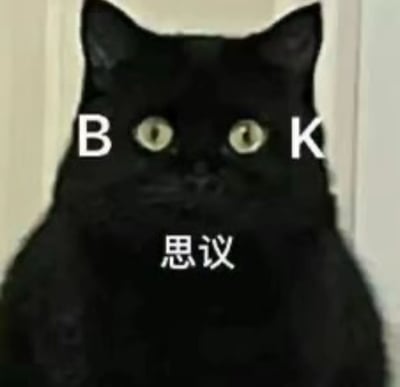 图片中是一只黑猫的特写，它有着圆睁的黄绿色眼睛，表情显得十分惊讶。猫的脸部左右两侧分别有白色大写字母“B”和“K”的文字覆盖，眼睛下方正中央则有白色汉字“思议”。整体画面通过文字与猫咪表情的结合，营造出一种幽默搞笑的效果，可能是对“不可思议”（bùkěsīyì）这一词语的趣味化改编，省略了“不可”而保留“思议”，并搭配“B”“K”形成独特的视觉梗。