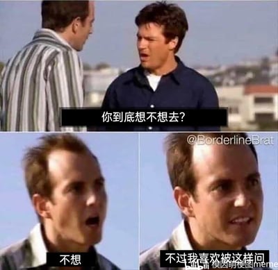这是一张改编自经典美剧的三格连环搞笑meme，第一格中穿深蓝色上衣的人向穿条纹衬衫的人发出灵魂质问“你到底想不想去？”；第二格中条纹衬衫的人露出惊讶的表情，直白回应“不想”；第三格他立刻转变神态，带着一丝窃喜说出“不过我喜欢被这样问”，通过前后矛盾的台词和角色的表情反差，精准刻画了一种嘴上拒绝、实则享受被关注询问的口是心非的纠结心态，充满了搞笑的反差感。
