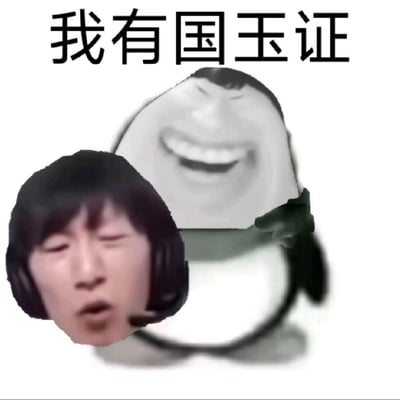 这是一张电竞圈的二次创作合成梗图，将前英雄联盟职业选手电棍（otto，本名侯国玉）的直播截图脸部，与经典抽象企鹅表情包的身体合成在一起。图片上方配有文字“我有国玉证”，玩了双关谐音梗：一方面谐音“国预证”（国家电竞预备选手证书），另一方面直接对应电棍的本名“侯国玉”，结合电棍错愕的表情和企鹅大笑的神态，制造出戏谑搞笑的效果，用来调侃电棍的本名相关的电竞圈梗。