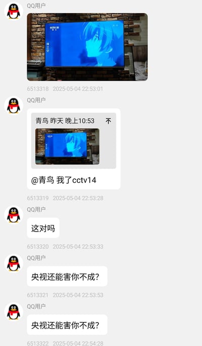 这是一张QQ群聊界面截图，内容围绕网传CCTV14少儿频道播放日本动画《缘之空》的内容展开讨论：首先有QQ用户发出实拍电视画面的照片，屏幕显示CCTV14少儿频道台标，正在播出动画《缘之空》的角色春日野穹的画面，侧边显示片名“缘之空”；随后该用户转发了此前群成员“青鸟”发布的同款画面消息，@“青鸟”称自己也在CCTV14看到了该内容；之后有群成员疑惑提问“这对吗”，另有成员连续两次回复“央视还能害你不成？”。整体是网络玩梗内容，因为《缘之空》原作包含不适合少儿观看的内容，不可能在央视少儿频道播出，网友用该话术制造反差笑点。