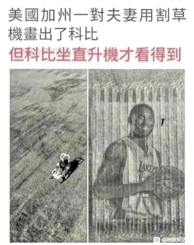 这是一张左右对比图+图文混排的P图改编梗图，上方配有文字“美国加州一对夫妻用割草机画出了科比，但科比坐直升机才看得到”。左侧画面呈现一个人驾驶割草机在草地上作业的场景，右侧是前NBA篮球明星科比·布莱恩特手持篮球、面带微笑的肖像图。该图利用科比因直升机事故离世的事件做了一个令人心酸的双关梗：草地肖像需要在直升机上才能看清，而科比正是在直升机事故中遇难，用这种关联制造了带有讽刺意味的内容，同时也让人联想到科比的离世，情绪复杂。