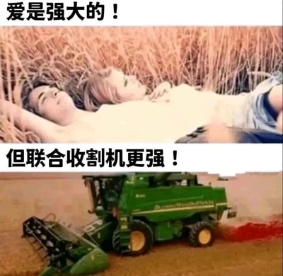 这是一张多图拼接的静态搞笑梗图，整体分为上下两部分。上半部分呈现了一对男女惬意地躺在金黄的麦田中，画面氛围浪漫温馨，上方配有文字“爱是强大的！”，传递出浪漫的情感基调；下半部分则是一台绿色的联合收割机，机器旁的地面带有红色痕迹，下方配文“但联合收割机更强！”，以夸张、黑色幽默的方式制造强烈反差，暗示若这对男女继续躺在麦田中，将会被正在作业的联合收割机伤害，以此打破上半部分的浪漫氛围，用荒诞的现实场景制造出搞笑的效果，属于典型的反差类网络梗图。