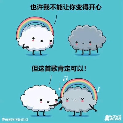 这是一张两格治愈系卡通漫画，画面以浅蓝色为背景，主角是两个拟人化的云朵角色。上格中，左侧白色云朵头顶有彩虹，面对表情悲伤的灰色云朵，配文“也许我不能让你变得开心”；下格中，白色云朵与灰色云朵并肩而立，灰色云朵已露出微笑，头顶出现彩虹和音符，配文“但这首歌肯定可以!”。整体风格可爱温馨，通过云朵互动传递音乐治愈人心的温暖主题。