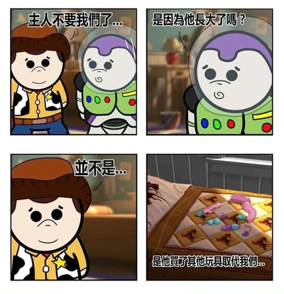 四格漫画描绘了玩具总动员中的胡迪和巴斯光年。第一格中胡迪戴着牛仔帽，表情悲伤地说："主人不要我們了..."；第二格巴斯光年困惑地问："是因為他長大了嗎？"；第三格胡迪摇头回答："並不是..."；第四格展示了床上的新玩具，胡迪解释："是他買了其他玩具取代我們..."。整个漫画通过可爱的卡通风格展现了玩具被新玩具取代的悲伤情景。