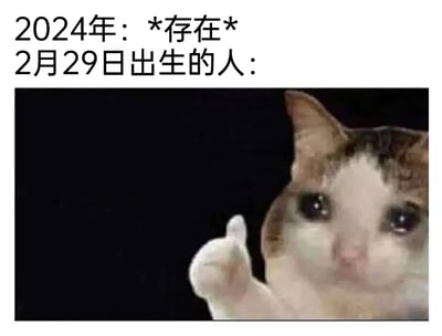 这是一张图文混排的搞笑梗图，上方文字分为两行，分别是“2024年：*存在*”和“2月29日出生的人：”，下方搭配一张网络热门的“感动点赞猫”表情包。2024年是闰年，每四年才会出现一次的2月29日在这一年存在，对于在2月29日出生的人而言，这是真正属于自己的“正牌生日”，猫咪眼含热泪、竖起大拇指的表情，精准地传递出这类人终于等到专属生日的激动、欣慰又雀跃的心情，用幽默的方式调侃了闰年生日人群的特殊经历，引发这类人群的共鸣。