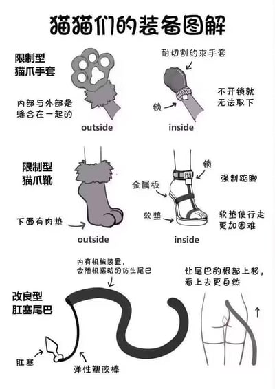 这是一张关于虚构猫咪装备的图解，包含三个主要部分。第一部分是限制型猫爪手套，展示了外部猫爪形状和内部带锁的耐切割约束手套。第二部分是限制型猫爪靴，展示了外部带肉垫的猫爪形状靴子和内部带金属板、强制踮脚设计的结构。第三部分是改良型肛塞尾巴，描述为带有机械装置可随机摆动的仿生尾巴。图片采用黑白线稿风格，配有中文说明文字。