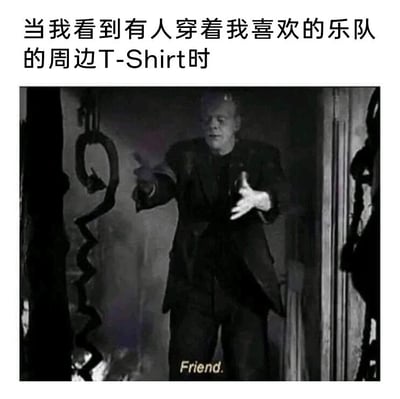 这是一张精准戳中亚文化爱好者共鸣的梗图，上方配有中文文案“当我看到有人穿着我喜欢的乐队的周边T-Shirt时”，下方是取自经典老电影《科学怪人》的黑白截图，图中的科学怪人是一个一直渴望被认同、寻找同类的孤独形象，此时他伸出双手，下方配文“Friend.”，用这个场景生动地表达了喜欢小众乐队的爱好者，在现实中遇到同好时，瞬间将对方引为知己、迫切想要亲近的激动心情，完美诠释了亚文化群体找到同类时的强烈共鸣感。