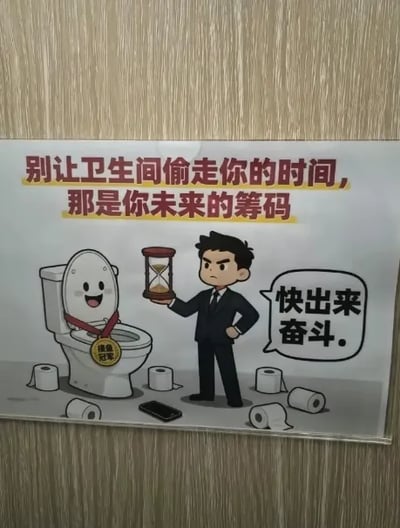 这是一张职场励志主题的宣传海报，画面中央是一个拟人化的马桶，它面带微笑，脖子上挂着写有“摸鱼冠军”的金牌，周围散落着几卷卫生纸和一部手机。旁边站着一位表情严肃的西装男子，他左手叉腰，右手拿着一个沙漏，对着马桶说“快出来奋斗。”海报顶部有醒目的红色文字：“别让卫生间偷走你的时间，那是你未来的筹码”。整个画面通过幽默夸张的方式，提醒人们不要在卫生间过度浪费时间，应该把时间用在工作和奋斗上。