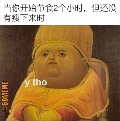 这是一张经典"y tho"梗图的中文改编，画面中夸张地表达了节食两小时后还没瘦下来时的无奈和自嘲心理。画风和“y tho”搭配中文节食吐槽非常魔性搞笑，非常适合减肥话题场合出现。双关：英文“y tho”其实由“why though?”演变而来，用以表达疑惑、吐槽和无奈，和中文配字气质相符。