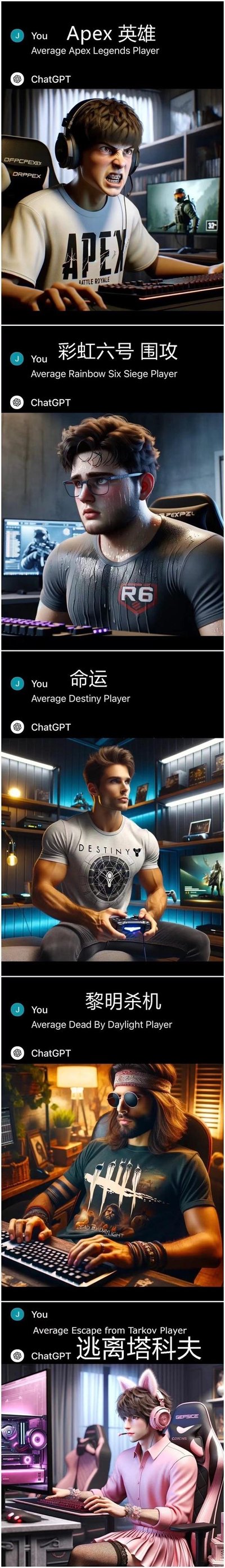 这是一组由AI生成的多图拼接内容，分别对应五款热门电子游戏的「普通玩家」形象，用极具代表性的状态调侃不同游戏的玩家群体特质：
1. 《Apex英雄》玩家：戴着耳机，表情愤怒狰狞，双手按在键盘上，还原了这款快节奏大逃杀游戏里玩家容易上头的状态；
2. 《彩虹六号：围攻》玩家：戴着眼镜，浑身是汗，神情紧张疲惫，体现了硬核战术射击游戏给玩家带来的高强度精神压力；
3. 《命运》玩家：肌肉线条明显，手持手柄神情专注，展现出科幻射击游戏玩家的投入感与长期游玩的「练家子」气质；
4. 《黎明杀机》玩家：戴着头巾和墨镜，造型颓废不羁，契合了非对称恐怖游戏的暗黑小众风格；
5. 《逃离塔科夫》玩家：穿着粉色女装、戴着猫耳耳机，玩梗了这款硬核生存游戏玩家圈的「女装玄学」梗，反差感拉满。