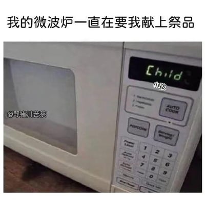 这是一张实拍的微波炉照片，微波炉的显示屏上显示英文单词“Child”，图上方配有文字“我的微波炉一直在要我献上祭品”，同时在显示屏的“Child”旁标注中文“小孩”。
这是一个脑洞玩梗：将微波炉的显示文字“Child（小孩）”和“祭品”关联，把日常家电的普通显示脑补成恐怖荒诞的“索要祭品”，用日常场景和恐怖设定的反差感制造搞笑效果，属于无厘头的恐怖玩笑类梗图。