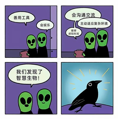 四格连环漫画，紫色背景下两个绿色外星人展开对话。第一格外星人说“善用工具”和“会娱乐”；第二格继续提到“会沟通交流”“主动适应复杂环境”“能够感知时间”；第三格外星人兴奋宣布“我们发现了智慧生物！”；第四格画面转向一只带有黄色发光效果的乌鸦，揭示外星人所指的智慧生物是乌鸦，通过反差制造幽默效果。