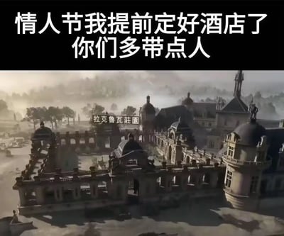 图片上方为白色醒目文字'情人节我提前定好酒店了 你们多带点人'，下方是一幅宏伟的欧式城堡建筑群场景，画面中央标注有'拉克鲁瓦莊園'字样，城堡周围有薄雾缭绕，整体呈现出游戏场景中常见的大气磅礴质感。通过将情人节传统浪漫语境下的'酒店预订'与能容纳多人的巨型庄园进行幽默关联，形成强烈反差，暗示所谓的'情人节酒店'实际是适合多人聚集的场所，调侃了情人节可能并非二人世界而是集体活动的趣味场景。