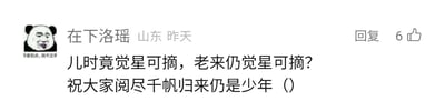 这是一张国内社交媒体平台的用户评论截图，整体为静态图文混排形式。左上角是一个带有搞怪戏谑表情的熊猫头表情包，表情包内配文“你害怕点，我不正常”。评论发布者为“在下洛瑶”，地址标注为山东，发布时间显示为“昨天”。评论内容为“儿时竟觉星可摘，老来仍觉星可摘？祝大家阅尽千帆归来仍是少年（）”，该评论获得了6个点赞，右上角设有“回复”按钮。这段文字前半句以反问的方式，强调无论年龄增长，都要保有年少时那种敢想敢拼、认为“星可摘”的热忱与意气，后半句则是送上了“阅尽千帆归来仍是少年”的美好祝福，希望人们在经历了世间的各种事情后，依然能保持年少时的赤子之心与纯粹。