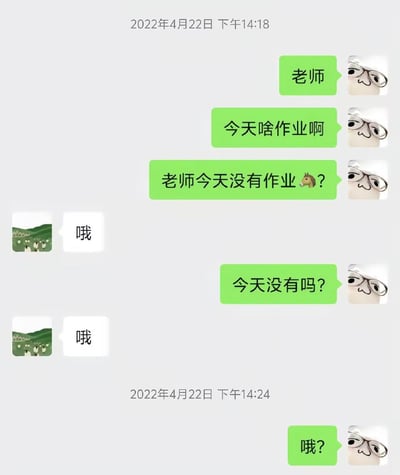 这是一张聊天记录截图，展示了老师和学生之间关于作业的简短对话。老师多次询问当天作业情况，而学生仅用简单的"哦"字回应，最后老师发出带有疑问语气的"哦?"，形成了一种有趣的交流对比。