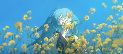 低视角下，蓝发双马尾的虚拟歌手初音未来置身于明黄色的油菜花田中，澄澈的蓝天铺满背景，发丝与花茎似被微风轻拂。画面色调清新柔和，充满春日的宁静治愈感，仿佛能让人感受到田野间的清新空气。