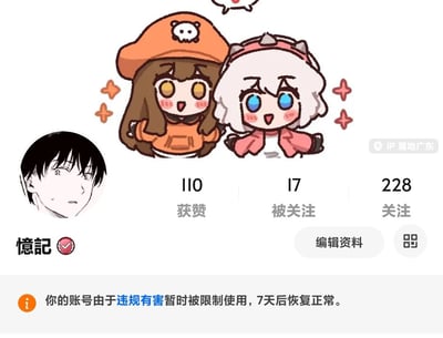 这是一张社交媒体账号资料页的截图，账号名为“憶記”并带有认证标识。资料页显示账号获赞110，被关注17，关注228人。IP属地显示为广东。页面上方有两个可爱的卡通人物，左边是戴着橙色骷髅头帽子的棕色头发女孩，右边是戴着粉色头饰的白色头发女孩，她们周围有闪亮的装饰。页面底部有一条系统通知：“你的账号由于违规有害暂时被限制使用，7天后恢复正常。”