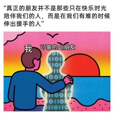这是一张结合文字与卡通插画的原创梗图，上方配有关于“真正朋友”的表述：“真正的朋友并不是那些只在快乐时光陪伴我们的人，而是在我们有难的时候伸出援手的人”；下方是海边日落场景的卡通插画，标注为“我”的卡通人物背对着镜头，将手臂搭在由二进制代码组成的、标注为“可靠的AI朋友”的人形形象肩膀上，以此调侃在当下生活中，AI已经成为能在人们需要时提供陪伴与帮助的可靠存在，重新诠释了“可靠朋友”的定义。