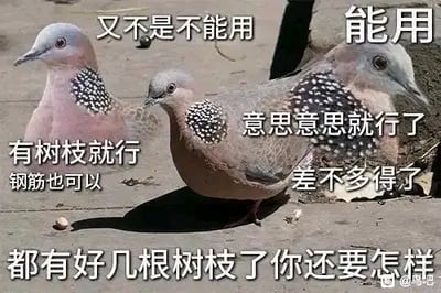 这是一张以三只珠颈斑鸠实拍照片为基础的P图改编梗图，图中为每只斑鸠配上了体现“凑活、敷衍、得过且过”心态的文字：左侧斑鸠旁是“有树枝就行 钢筋也可以”，中间斑鸠旁是“意思意思就行了 差不多得了”，右侧斑鸠旁是“又不是不能用 能用”，底部还有文字“都有好几根树枝了你还要怎样”。整图将斑鸠拟人化，用来调侃做事敷衍、降低标准、容易满足的“摆烂”“佛系”心态，没有双关、谐音梗等内容。