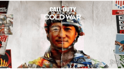 这是一张网友创作的恶搞合成图，将经典射击游戏《使命召唤：黑色行动冷战》的官方宣传封面进行修改，把原封面人物的脸部替换为演员吴京的脸，以左右对半拼接的形式呈现，背景还搭配了带有太空、冷战风格的贴纸元素，整体风格诙谐调侃，属于游戏与影视圈的跨界玩梗创作，无特殊双关或谐音梗。