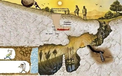 这是一张采用剖面视角的卡通风格示意图，完整呈现了一个多层结构的地下隐蔽藏身点：
1. 地面区域：画面左上角有一人推着巨石，用于掩盖标注为“入口被砖石瓦砾掩盖”的洞穴入口；地面上还有两名站立的人物，右侧有攀爬岩壁的人物，呈现出搜索的姿态。
2. 地下上层：有一个独立的小型洞穴，内部标注了“萨达姆·侯赛因”，对应一个躺卧的人形区域，还配备了通风口和风扇，保障空气流通。
3. 地下下层：包含多个连通的洞穴空间，其中有的洞穴内有人举着火把照明，有的洞穴中藏着持有长杆武器的人物，还有的洞穴里是蜷缩躲避的人物；画面左下角还有两个小图，分别展示了手持工具的人物形象。
整张图以夸张的卡通化手法，对萨达姆的地下藏身场景进行了艺术化还原，没有双关、谐音梗等内容。