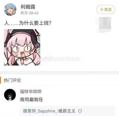 社交媒体用户“利姆露”发布的动态截图，内容为“人……为什么要上班？”的灵魂拷问，配图是粉色头发卡通女孩瞪大双眼、表情夸张惊讶的形象，下方热门评论“我司雇我在”“唯薪主义”进一步强化打工人对职场的无奈调侃，整体呈现出职场人日常共鸣的吐槽场景。