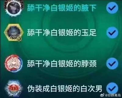 这是一张模仿手游任务完成界面的低俗恶搞梗图，界面中列出了四个已打勾完成的任务，内容分别为“舔干净白银姬的腋下”“舔干净白银姬的玉足”“舔干净白银姬的脖颈”“伪装成白银姬的白次男”，每个任务左侧搭配不同的二次元风格头像图标，最后一个任务的表述带有反差感，整体通过替换任务内容的方式对“白银姬”这个角色进行低俗玩梗，风格恶趣味十足。