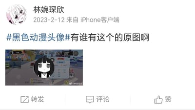 这是一张社交媒体截图，用户“林婉琛欣”于2023年2月12日通过iPhone客户端发布帖子，内容为“#黑色动漫头像#有谁有这个的原图啊”，并附带了一张包含黑色动漫头像的游戏界面截图，头像为黑发、面部白皙、表情中性的动漫风格形象，用户疑似在寻求该头像的原始图片资源。