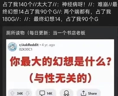 这是一张玩家自制的拼贴梗图，上方是玩家的吐槽文字：“占了我140个//太大了//：神经病呀！//：难崩//最终幻想14占了我90个G//：两个端都有，占了我180G//：//：最终幻想14，占了我90个G”，表达出对《最终幻想14》（FF14）占用大量硬盘空间的崩溃与无奈；下方是国外论坛Reddit的r/AskReddit板块4年前的提问截图，问题为“你最大的幻想是什么？（与性无关的）”。图中玩了双关梗，将《最终幻想14》的“幻想”与提问中的“幻想”结合，玩家的“最大幻想”被调侃成希望FF14别占用这么多存储空间，形成搞笑的反差效果。
针对图中的问题，结合梗图语境回答：我的最大幻想是《最终幻想14》能大幅缩减占用的存储空间，别再让我的硬盘告急！