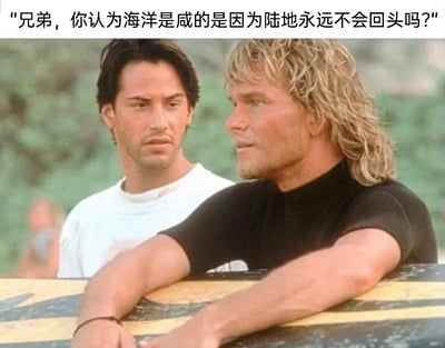 这是一张基于电影《惊爆点》截图创作的网络meme，画面呈现户外海边场景，基努·里维斯饰演的黑发特工角色面露疑惑，侧头看向身旁帕特里克·斯威兹饰演的金发冲浪者角色，金发男子双臂搭在冲浪板上，眼神望向远方，表情若有所思。图片顶部添加了改编的无厘头文艺提问：“兄弟，你认为海洋是咸的是因为陆地永远不会回头吗？”，用浪漫化的脑洞逻辑解释海水的咸味，将原本的动作电影场景转化为充满荒诞文艺感的趣味内容，营造出反差搞笑的氛围。