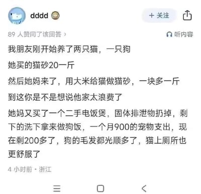 社交媒体截图，用户“dddd”分享朋友养宠趣事：朋友最初养两只猫和一只狗，猫砂20元/斤，母亲来访后用1元多/斤的大米替代猫砂，再买二手电饭煲将用过的大米（去除固体排泄物后洗净）煮成狗饭，使月宠物支出从900元降至200多元，狗毛发更顺滑，猫如厕也更舒适。该回答获89人赞同，4小时前发布于浙江。